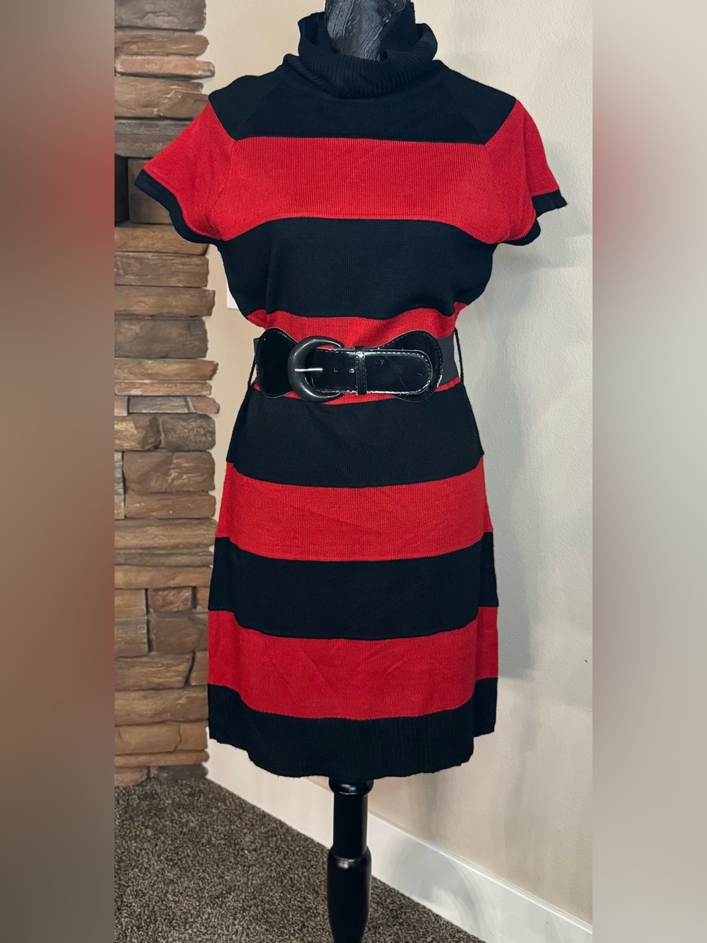 She's Cool Red and Black Striped Turtleneck Mini Dress with Wide Belt
